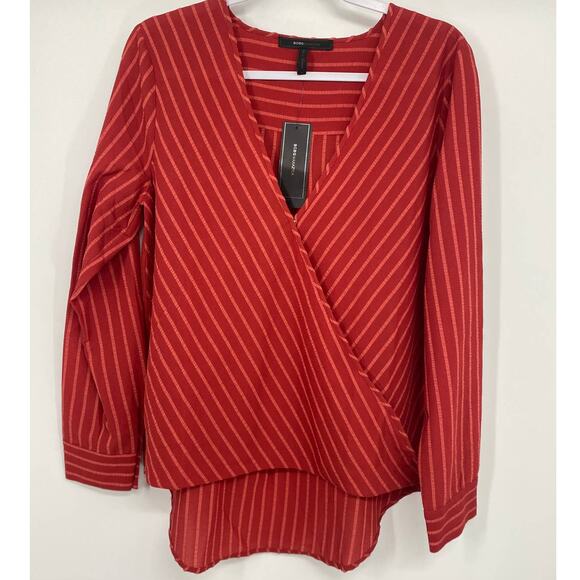 BCBG Maxamara Womens Red V-neck Striped Blouse NEW Medium - Picture 1 of 11